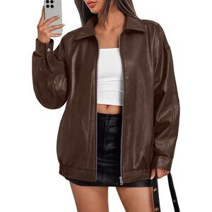Women's Leather Bomber Moto Coat Jacket Brown Trendy Queen Statement Piece